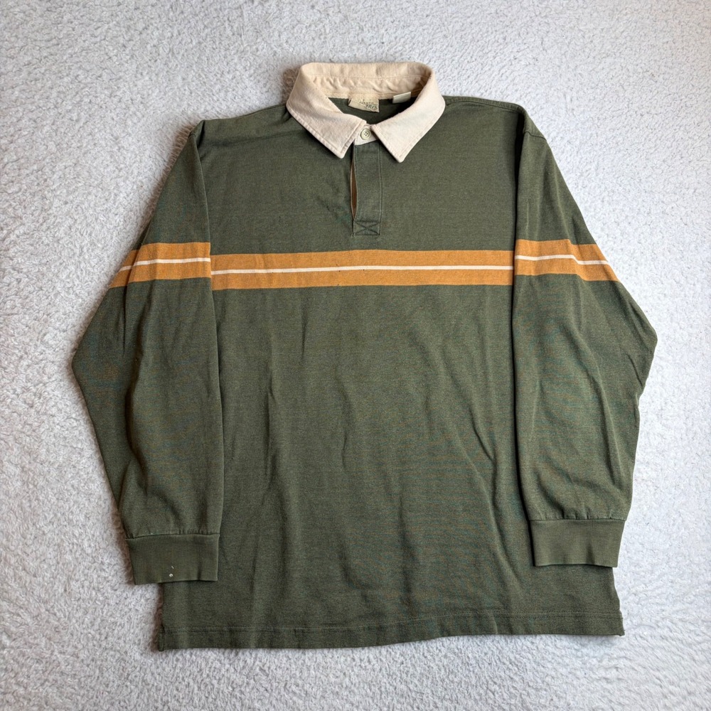Vintage St Johns Bay Mens Large Rugby Shirt Long Sleeve Green Stripe 90s L
